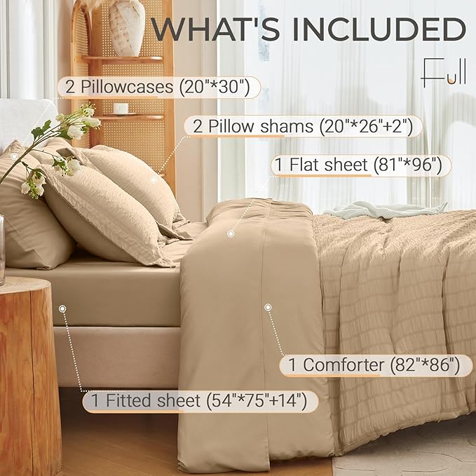 MUXHOMO 7 Pieces Full Comforter Set, Seersucker Bed in a Bag Full Size, All Season Luxury Bedding Set with Comforter, Flat Sheet, Fitted Sheet, Pillowcases & Shams, Khaki