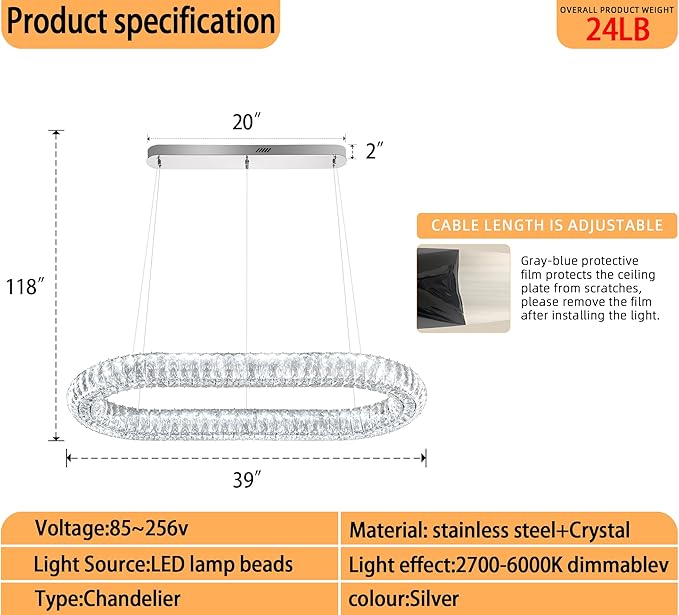 Oval Crystal Chandelier, 40'' Chrome Crystal Ring Pendant Light for Kitchen Island Modern Linear Oval Chandeliers for Dining Room Dimmable 3000K-6000K