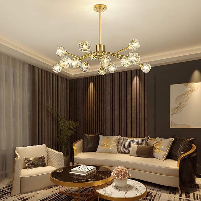 Sputnik Chandeliers for Dining Room Light Fixtures,Modern Crystal Chandeliers for Living Room,15 Lights Gold Mid Century Brass Lighting Fixtures for Kitchen Island Bedroom Entryway