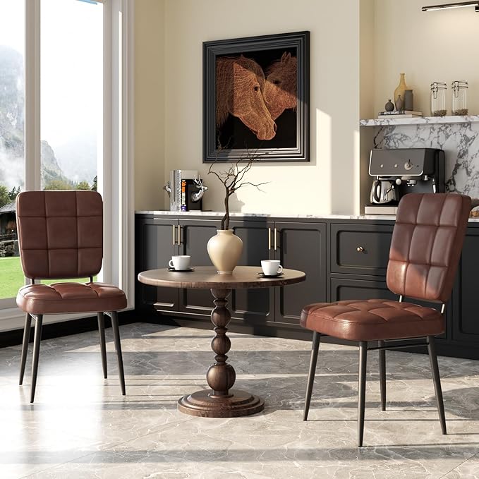 Leather Dining Chairs Set of 6, Upholstered Dining Room Kitchen Chairs with Thick Cushion, High Backrest, Metal Legs, Mid Century Modern Side Chair for Home Living Room Cafe Restaurant, Brown