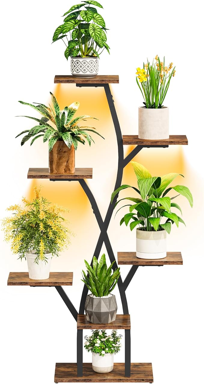 Plant Stand Indoor with Grow Light, 7-Tier Flower Plant Holder, 46.5” Tall Corner Plant Display Rack, Dimmable Grow Light with Timer, for Living Room, Balcony, Patio, Rustic Brown and Black TCJ40DBF