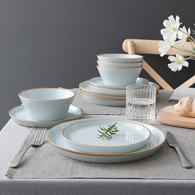 Famiware Saturn Dinnerware Sets, Plates and Bowls Sets for 4, 12 Pieces Stoneware Dish Set - Chip and Scratch Resistant, Microwave and Dishwasher Safe Tableware Set, Light Blue with Rim