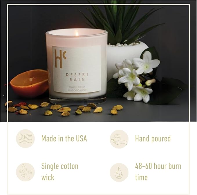 Desert Rain Single Wick Soy Candles, Luxury Scented Candles for Home - Up to 60 Hour Burn Time, Cruelty-Free Soy Wax Blend - Rain Fragrance, Notes of Cardamom & Apple Blossom (9 oz)