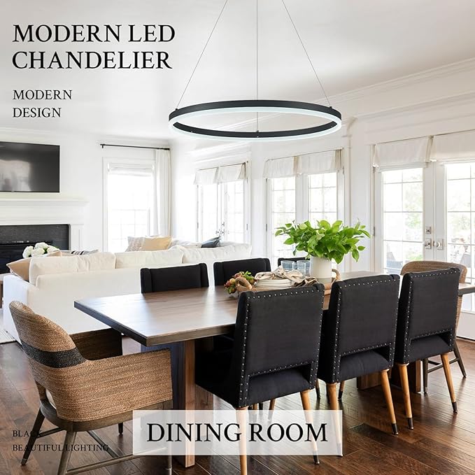 Modern LED Pendant Lighting 24'' Ring Chandelier Black Dimmable LED Chandelier for Dining Room 36W Adjustable Pendant Light Fixture for Living Room Bedroom Home Office Foyer, 3000-6500K