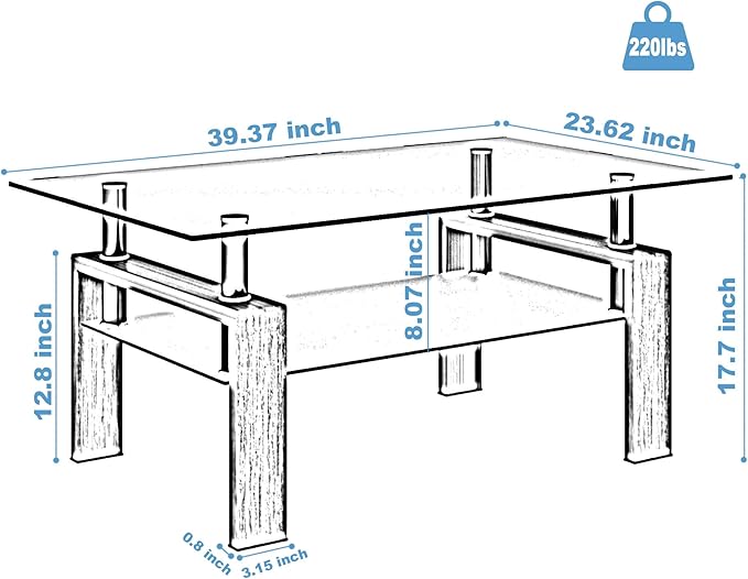 Tempered Glass Coffee Table, Modern 2 Tiers Clear Coffee Table, Size 39.37in x 23.62in
