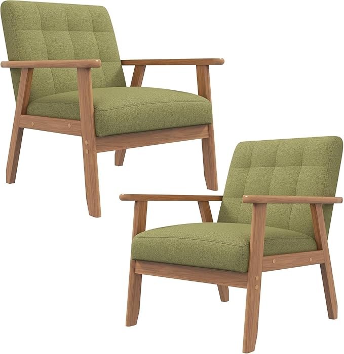 Westice Accent Chairs Set of 2, Mid-Century Living Room Chairs with Solid Wood Frame & Soft Thicken Cushion, Upholstered Arm Reading Chair for Bedroom, Balcony, Green Linen Fabric & Natural Legs