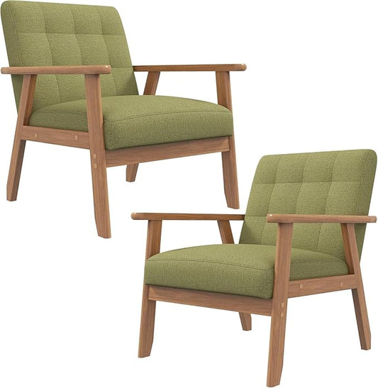 Westice Accent Chairs Set of 2, Mid-Century Living Room Chairs with Solid Wood Frame & Soft Thicken Cushion, Upholstered Arm Reading Chair for Bedroom, Balcony, Green Linen Fabric & Natural Legs
