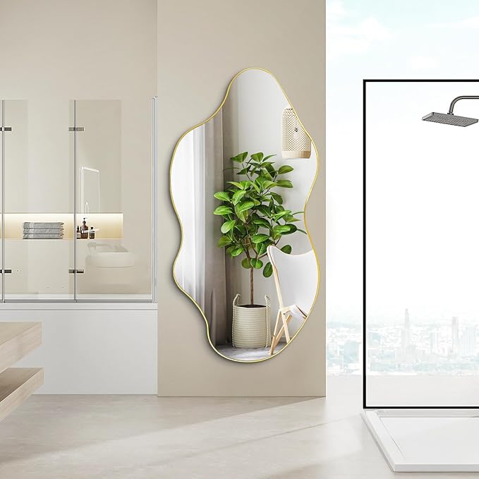 Irregular Mirror Full Length, Large Asymmetrical Wall Mirror, 59"x30" Gold Wavy Shaped Mirrors, Modern Frameless Decorative Mirrors for Dressing Living Room Bedroom Hallway Entryway