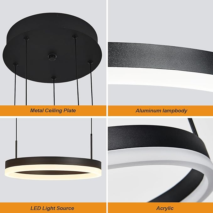 Modern Black Ring Chandelier LED Circle Geometric Pendant Light Dimmable 5 Rings Ceiling Light Fixtures High Ceiling Foyer Chandelier for Living Room Dining Room Bedroom