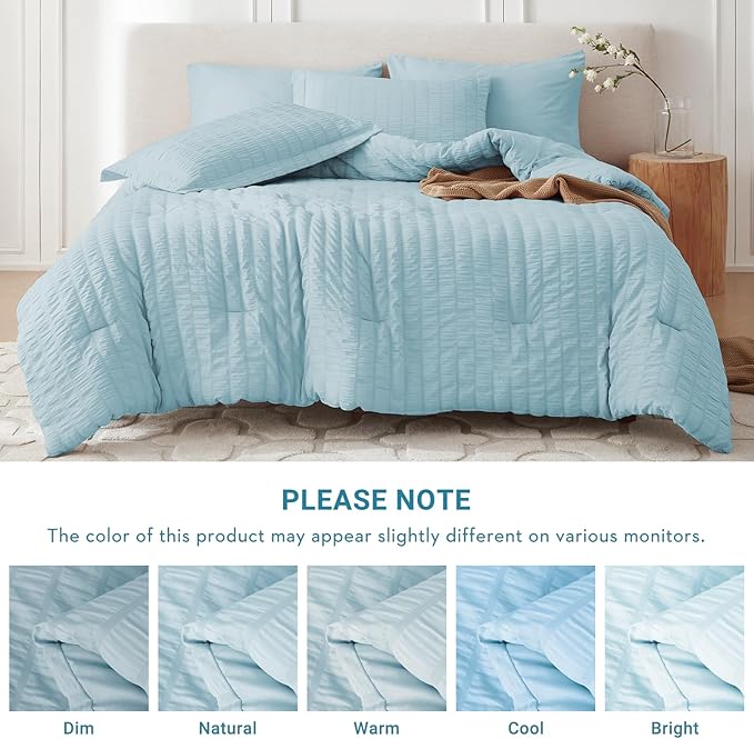 MUXHOMO 7 Pieces Queen Comforter Set, Seersucker Bed in a Bag Queen Size, All Season Luxury Bedding Set with Comforter, Flat Sheet, Fitted Sheet, Pillowcases & Shams, Lake Blue