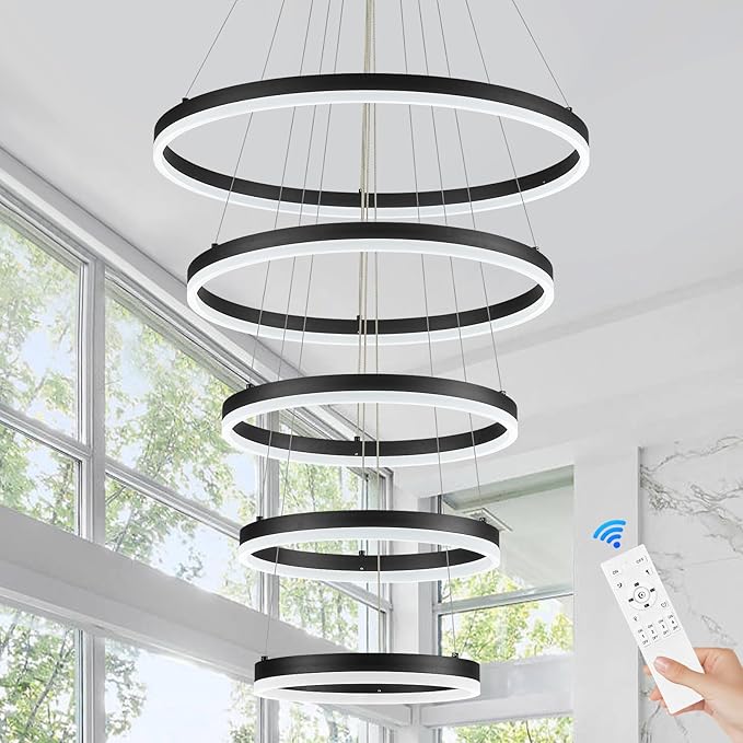 5-Rings Modern LED Chandelier Black High Ceiling Chandelier with Remote Control Dimmable Pendant Lighting for Dining Room Foyer Living Room Entryway Staircase(3000K-6500K, D23.6’’)