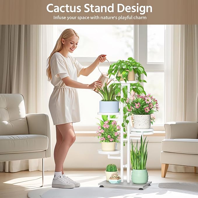LASZOLA White 4 Tiered Plant Stand Indoors Heavy Duty Metal Rack, Sturdy Multi Level Shleving Hold Flowers, Larger House Decorate Ladder for Planting Inside Tree Herb Cactus, Wooden Base, Space Saving