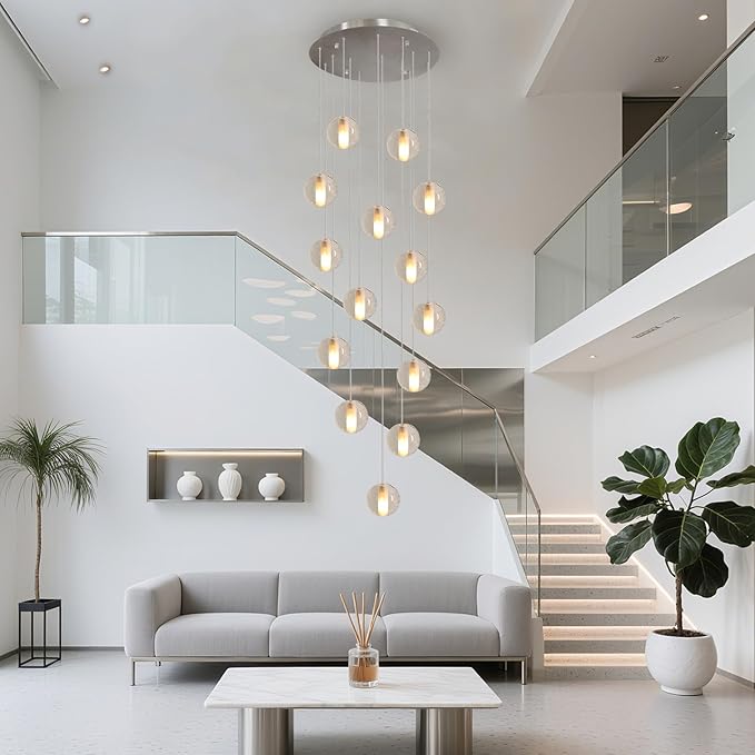 14 Lights Nickel Staircase Chandelier for High Ceiling, Dimmable Modern Crystal Raindrop Large Long Hanging Pendant Light for Stairwell Living Room Stair Foyer, Bulbs Included