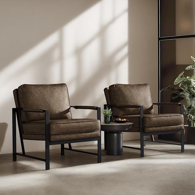 Yaheetech PU Leather Armchair, Retro Leisure Accent Chair with Extra Soft Padded and Cushion, Modern Reading Arm Chair with Black Metal Frame for Living Room/Office/Bedroom/Study, Brown