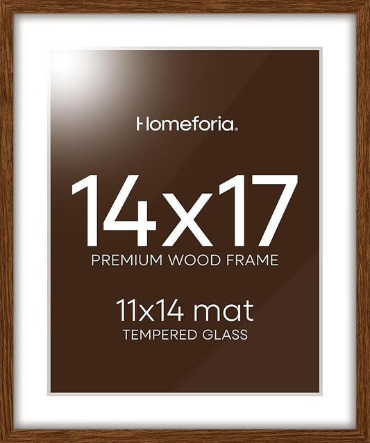 Homeforia 14x17 Picture Frame Brown, High End Dark Oak 14x17 Wooden Frames with Mat 11x14, 14 x 17 Walnut Wood Poster Frame Matted to 11 by 14, 17x14 Hanging Frames, Tempered Glass, Wall Kit, Set of 1