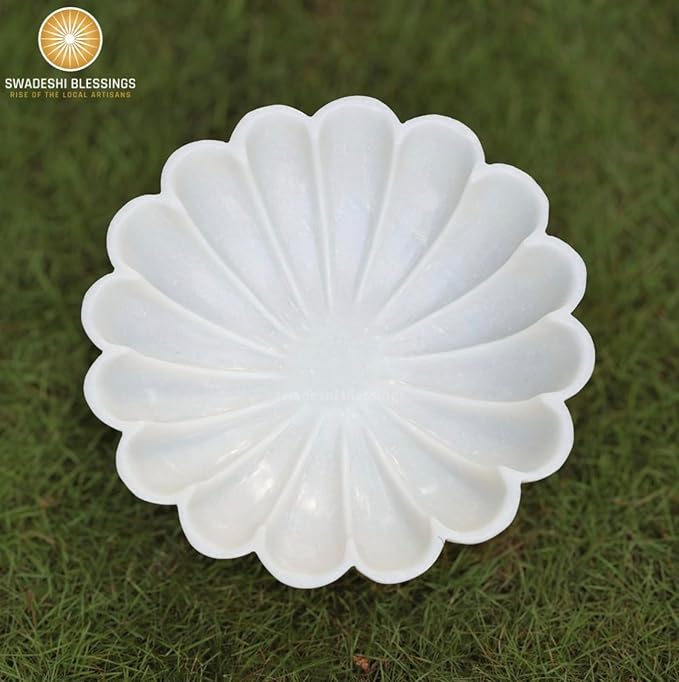 SWADESHI BLESSINGS HandCrafted Marble Decorative Bowl | White Ruffle Scalloped Fluted Key/Fruit Ring Dish | Organic Modern Home Decor (12 Inches)