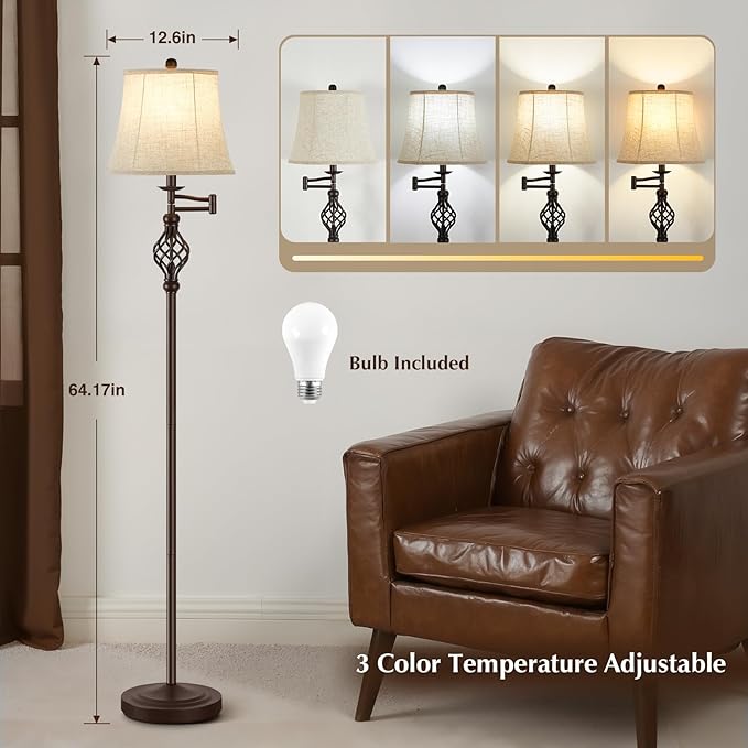 GyroVu 3 Color Temperature Floor lamp, Traditional 350° Adjustable Swing Arm Floor Lamp Vintage Pole lamp Farmhouse Lamp for Living Rooms, Rustic Standing Lamp for Bedroom Reading(Red Brown)