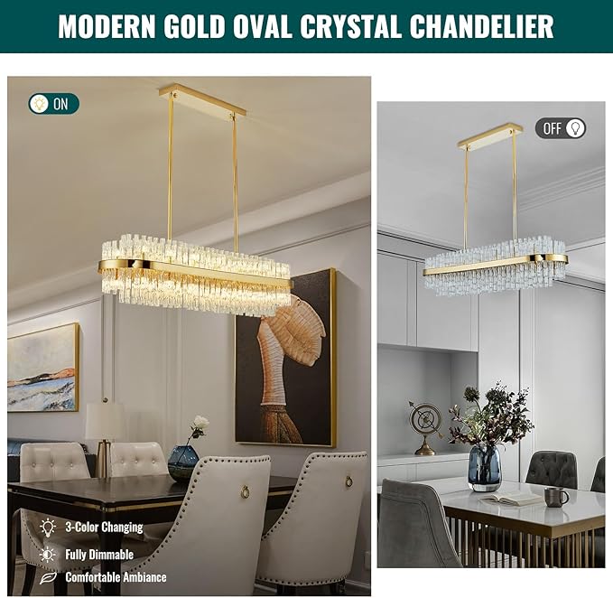 Siljoy Modern Crystal Chandelier Gold Rectangular 2-Tiers K9 Crystal Raindrop Chandelier Luxury Oval Crystal Ceiling Light Fixture for Dining Room Living Room Kitchen Bar L47'', G9 x 28