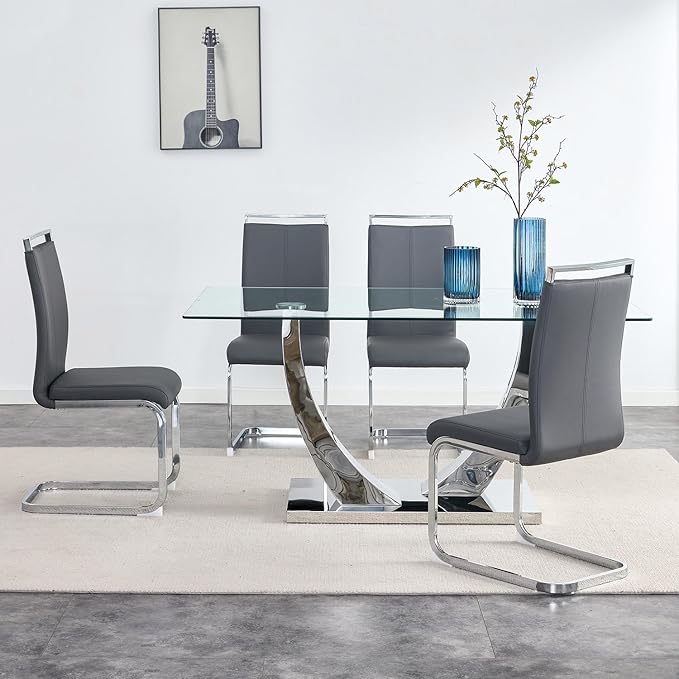 63” Glass Dining Table Set for 4,Modern Dining Room Table Set for 4, Kitchen Table and PU Leather Chairs, Dinner Table with Rectangle Tempered Glass Top and Chrome Silver Base