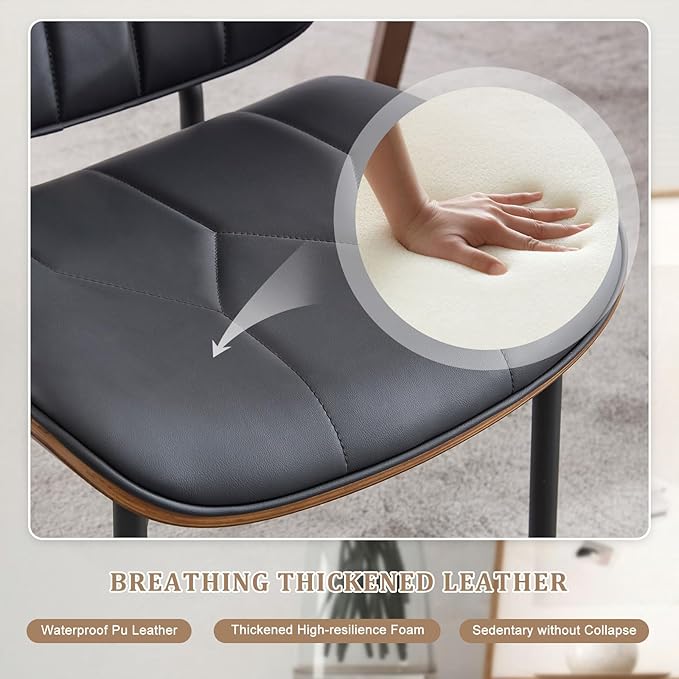 BV Mid Century Modern Dining Chairs Set of 6, Upholstered Pu Leather Armless Accent Chair with Walnut Bentwood Back, Retro Kitchen Chair for Dining Room, Living Room, Kitchen, Black