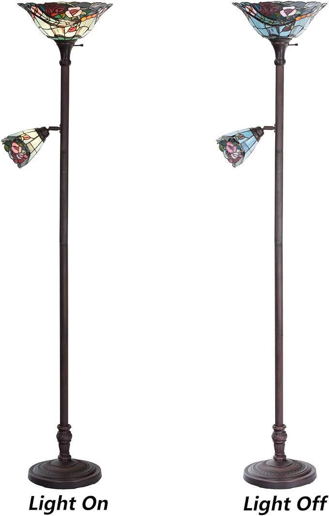 Bieye L10739 Rose Flower Tiffany Style Stained Glass Torchiere Floor Lamp with Sidelights for Reading Home Decor, 70-inch Tall