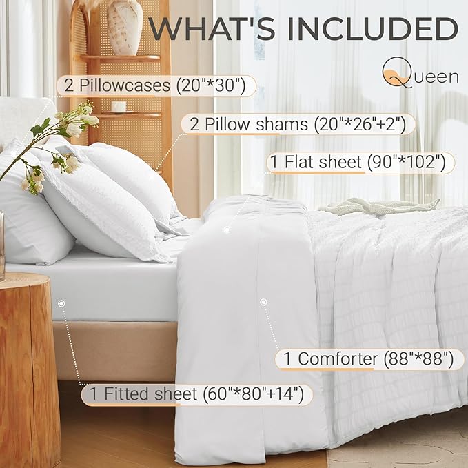 MUXHOMO 7 Pieces Queen Comforter Set, Seersucker Bed in a Bag Queen Size, All Season Luxury Bedding Set with Comforter, Flat Sheet, Fitted Sheet, Pillowcases & Shams, White
