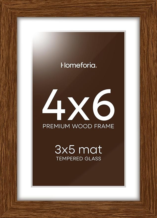 Homeforia 4x6 Brown Picture Frame, High End Dark Oak 4x6 Wooden Frames with Mat 3x5 Photo, 4 x 6 Walnut Wood Frame Matted to 3 x 5 Print, 6x4 Wall or Tabletop Frame, Tempered Glass, Wall Kit, Set of 1