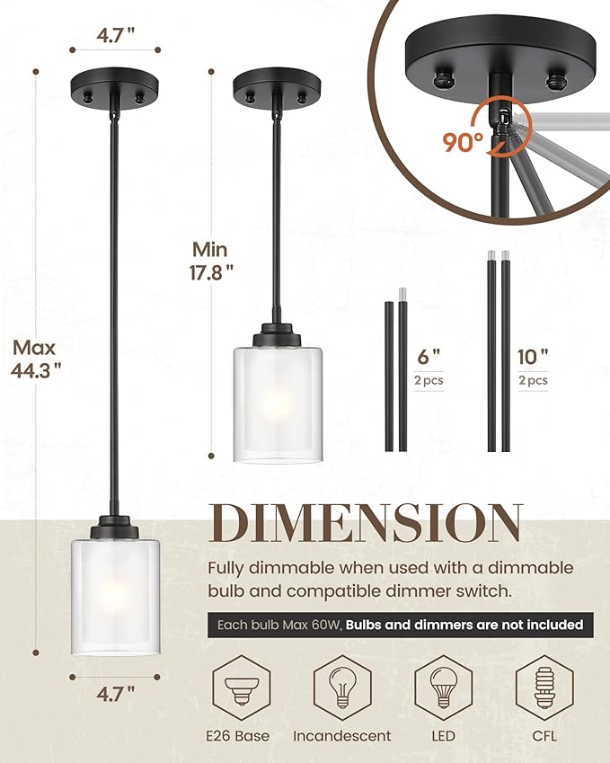 TENGXIN Modern Pendant Light, Matte Black Pendant Lights Kitchen Island,Farmhouse Pendant Lighting for Dining Room Bedroom Bar Office 2Pack,TXPLBK02-2PK