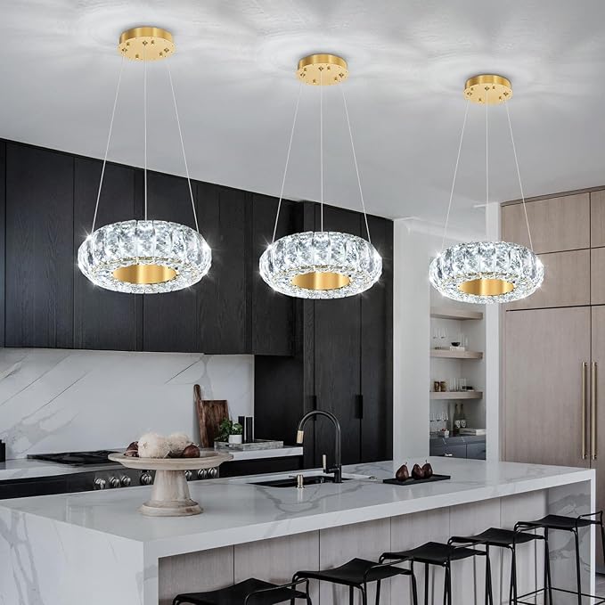 8" Ring Modern LED Dimmable Crystal Chandelier Adjustable Height Pendant Light Round Crystal Chandelier Light Fixtures for Dining Room Living Room Kitchen Island Gold