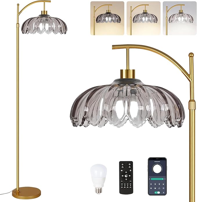 Floor Lamp for Living Room,Bedroom,Gold Dimmable Standing Lamp with Remote,Mid Century Modern Brass Tall Lamp Retro Vintage Grey Glass Lamp Floor Light Boho Bohemian