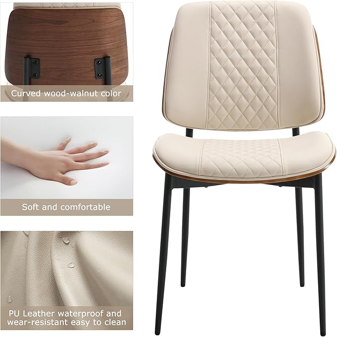 BV Dining Chairs Set of 6, PU Leather Armless Kitchen Chair in Modern Walnut Style, Mid Century Bentwood Side Chair with Metal Legs, Retro Accent Guest Chair for Kitchen Dining Room(Beige)