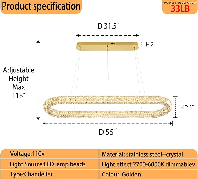 Oval Crystal Chandelier, 55'' Gold Crystal Ring Pendant Light for Kitchen Island Modern Linear Oval Chandeliers for Dining Room Dimmable 3000K-6000K