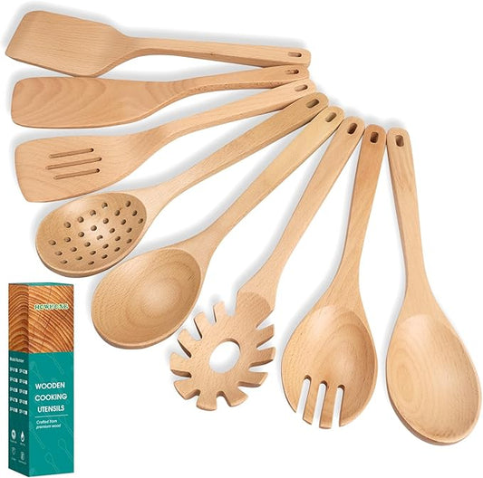 Kitchen 8-Piece Beech Wood Kitchen Utensil Set – Wooden Cooking Spoons with Spatula, Skimmer, Pasta Scoop & Turner, Durable Wooden Cooking Tools Safe for Nonstick Cookware by Howhong