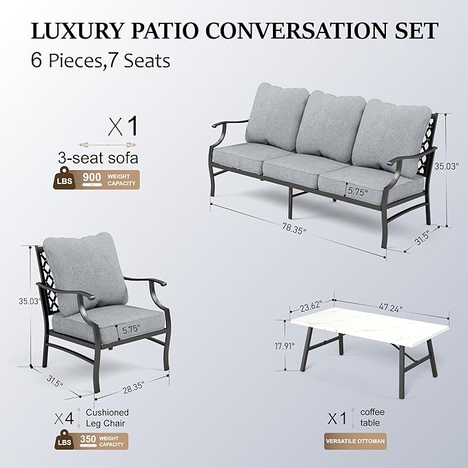HERA'S HOUSE 6 Piece Patio Furniture Set, 4 x Fixed Metal Cushioned Chair, 1 x 3-Seat Sofa with Marbling Coffee Table, Outdoor Conversation Set for Lawn Garden Backyard Poolside, Grey
