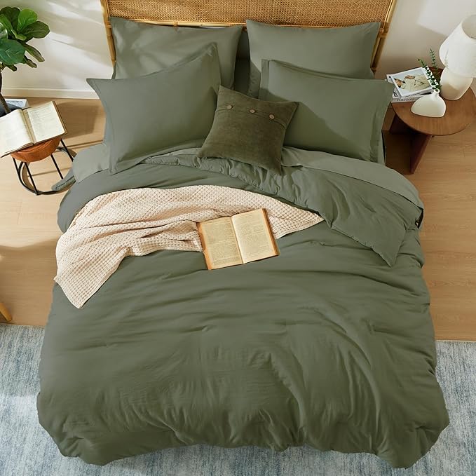 WRENSONGE Oversized Queen Comforter Set - 7 Pieces Olive Green Bed in a Bag Queen with Sheets, 2 Pillow Shams, and 2 Pillowcases- Warm Bedding Sets Queen for All Season