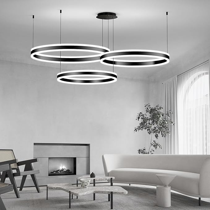 Modern Pendant Light Fixture, 3-Ring Circular Black Dining Room Chandelier, Dimmable 3000K-6500K, LED Hanging Ceiling Light Over Table for Kitchen Island, Living Room, Foyer, Office