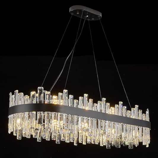 Rectangle Crystal Chandeliers, L43.4 inch 20-Light Black Chandelier Lighting Fixture, Height Adjustable Oval Pendant Ceiling Light for Dining Room Over Table Kitchen Island