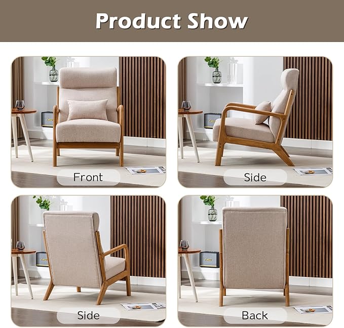 INZOY Mid Century Modern Accent Chair with High Back, Upholstered Living Room Chairs with Waist Cushion, Wood Frame Reading Armchair for Bedroom Sunroom, Beige