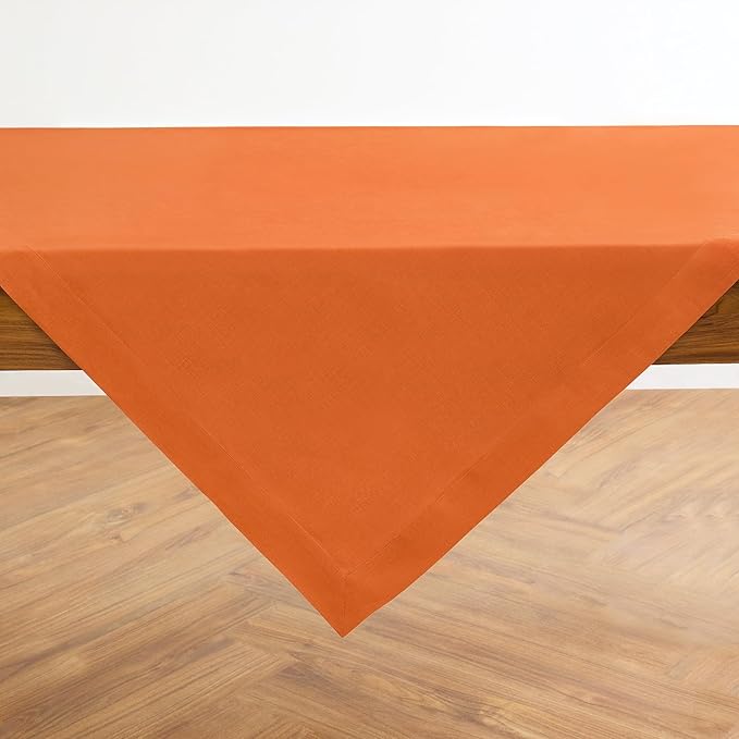 Solino Home Linen Tablecloth 52 x 52 Inch - 100% Pure Linen Persimmon Orange Square Tablecloth - Fete, Machine Washable Table Throw for Fall, Autumn, Halloween, Thanksgiving