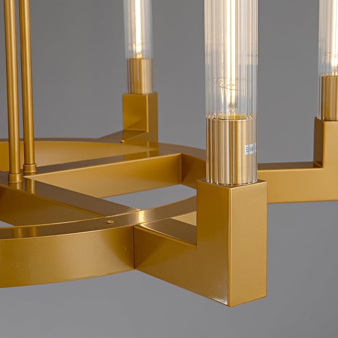 Farmhouse Chandelier with Glass Tube, Gold 6-Lights Wagon Wheel Chandeliers 35''Round Luxurious Large Chandelier Fixture Ceiling Pendant Lighting for Dining Living Room, Foyer