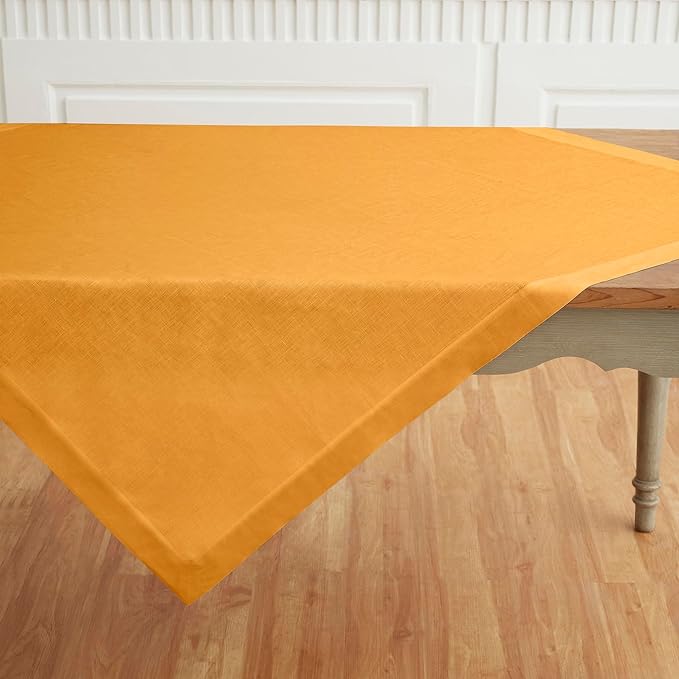 Solino Home Linen Tablecloth 52 x 52 Inch - 100% Pure Linen Tangerine Yellow Square Tablecloth - Fete, Machine Washable Table Throw for Fall, Autumn