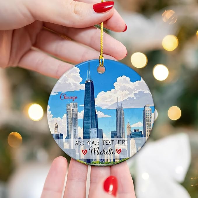 Chicago IL US Travel Souvenir Ceramic Ornament Christmas 2025, Personalized Chicago City Skyline IL Ornament for Xmas Tree Hanging, Custom Text/Name Illinois Travel Xmas Ornaments Gifts for Men Women