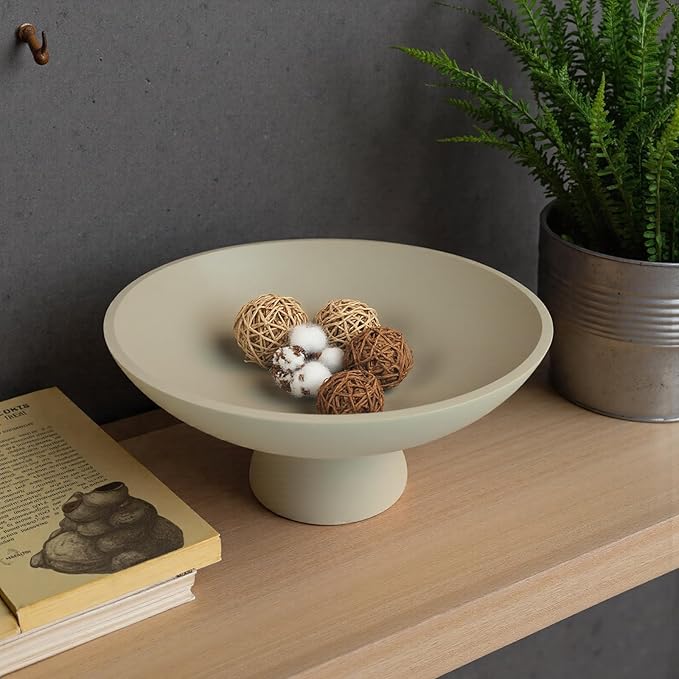 Large Decorative Fruit Bowl for Kitchen Counter - 11.8 Inch Handcrafted Resin Pedestal Bowls for Home Decor, Modern Key Purse Bowl for Entryway Table, Beige