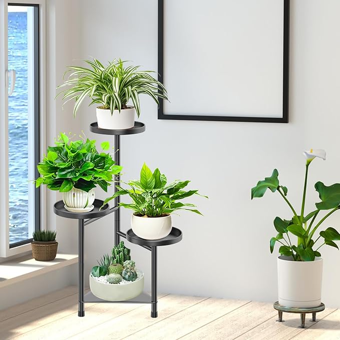 4 Tier Plant Stand Indoor Flower Shelf, Metal Flower Pot Stands for Indoor Plants, Black Corner Tall Plant Display Holder for Patio Garden Living Room Balcony Bedroom