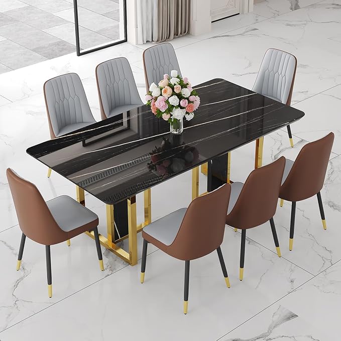 TesNus 79" Black Dining Table Set for 8 with Chairs,Large Faux Marble Kitchen Table and Chairs Set Rectangular 9 Piece Dining Room Set with Gold Metal Legs,Easy Assemble,Stable Base