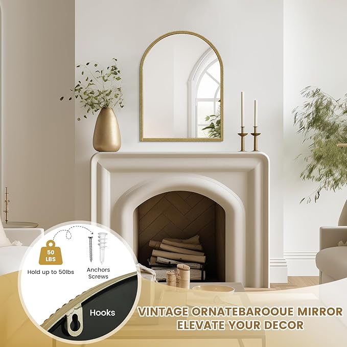 WallBeyond Gold Vintage Mirror for Vanity 24x32 Inch, Gold Antique Mirror with Ornate Beaded Frame for Bathroom, Living Room, Fireplace, Entryway