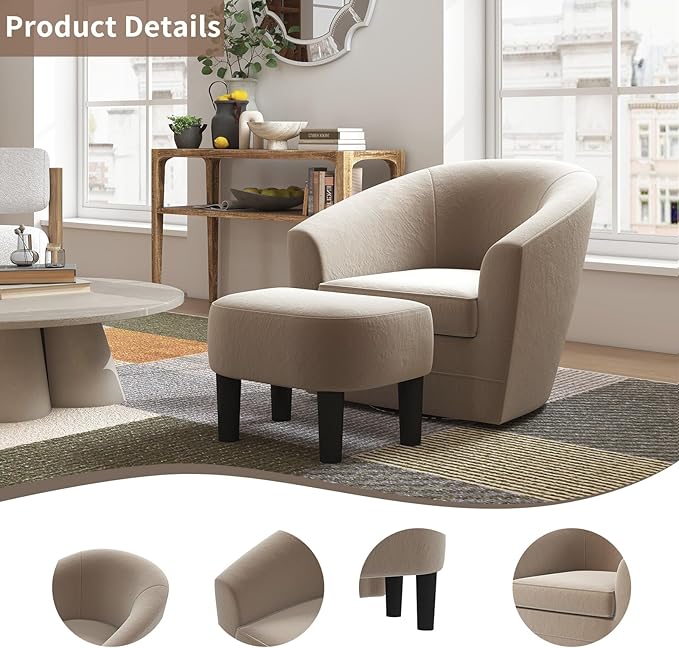 INZOY Swivel Accent Chair with Ottoman for Small Space, 360 Degree Club Chair with Ottoman Set, Comfy Fabric Barrel Reading Chairs for Living Room Bedroom, Beige