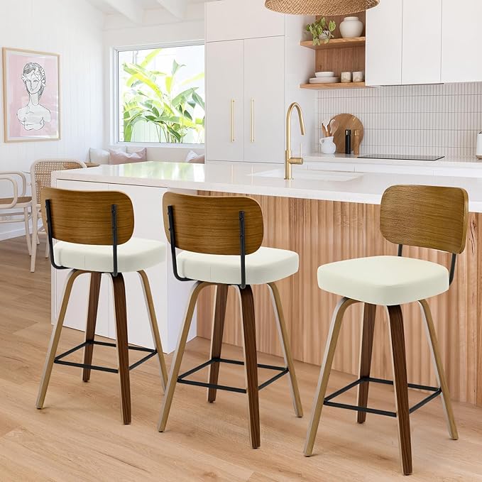 Swivel Counter Height Bar Stools Set of 4, Mid-Century Modern Upholstered Faux Leather Barstools with Wood Back, 26" Seat Height Bar Stools for Kitchen Island, Cream Seat and Walnut Frame