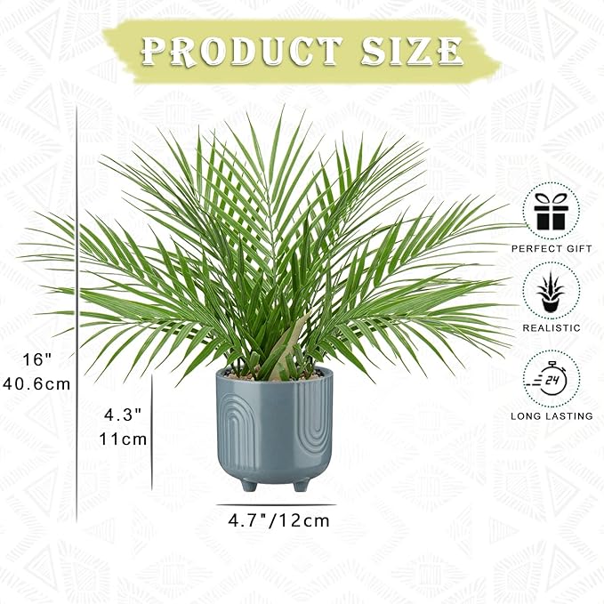 Hollyone Large Artificial Potted Plants Fake Palm Plants 16" Faux Green Plant Tropical Palm Tree in Blue Ceramic Pots for Home Room Office House Indoor Decoration