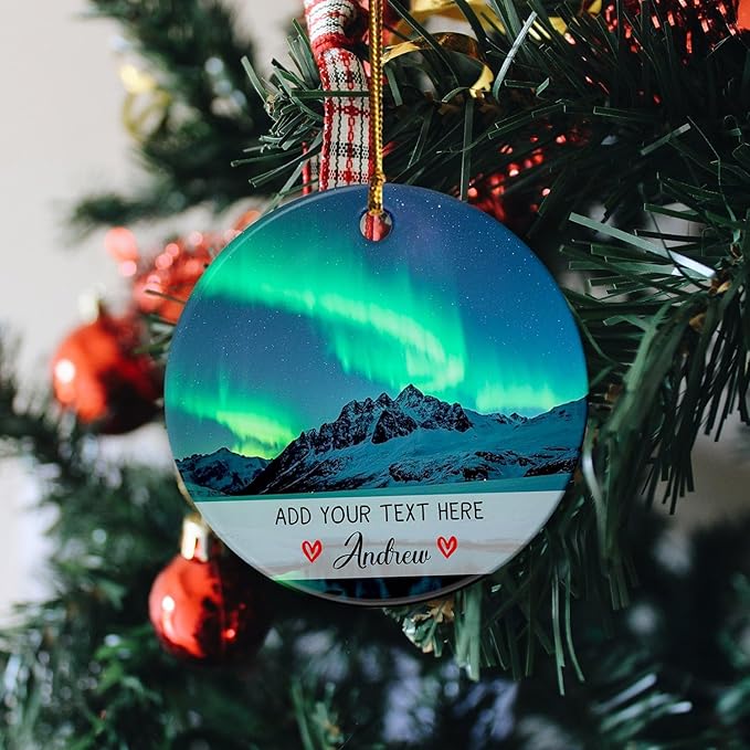 Personalized Text/Name Northern Lights in Iceland Ceramic Ornament Christmas 2025, Northern Lights Iceland Ornament for Xmas Tree, Custom Aurora Borealis Travel Souvenir Ornaments Gift for Men Women